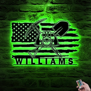 Bandeira de mineração de carvão dos EUA personalizada, arte de parede de metal, luz LED, placa com nome de mineiro personalizada, decoração para casa, caverna do homem da mina, presentes de aniversário e Natal