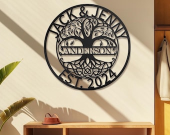 Baum des Lebens Familienname Metall Schild, personalisiertes Hochzeitsgeschenk, individuelles Jahrestagsgeschenk, Weihnachtsgeschenk, Paar Schild, Familienname Monogramm
