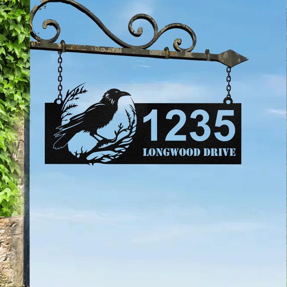 Personalized Crow Raven Metal Address Sign House Number, Hanging