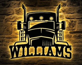 Custom Semi Truck Driver Metal Wall Art LED Light Personalized Trucker Name Sign Home Decor 18 wheeler Decoration Birthday Xmas Dad Gifts