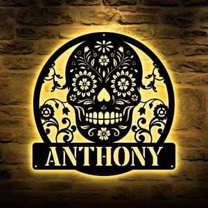 Sugar Skull Metal Sign with LED Lights, Personalized Skull Name Sign, Skull Wall Hanging for Decoration, Custom Halloween Sign, Bar Decor