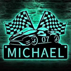 Custom Racing Car Metal Sign with LED lights, Race Car Sign, Sports Sign, Racing Car Metal Wall Art, Gift for Him, Garage sign