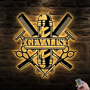 Personalized Barber Shop LED Sign – Custom Metal Wall Art for Hairstylist, Modern Barbershop Decor, Anniversary or Birthday Gift