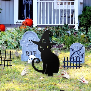 Halloween Black Cat Yard Stake – Witch Hat Outdoor Decoration, Spooky Garden Ornament, Haunted House Lawn Decor, Gothic Holiday Decoration