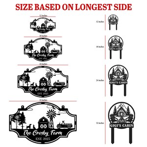 May include: A collection of black metal signs in various sizes labeled SIZE BASED ON LONGEST SIDE. The left column shows rectangular farm signs with text The Crosby Farm EST. 2025. The right column shows circular garden stakes with text GIGI'S CABIN.