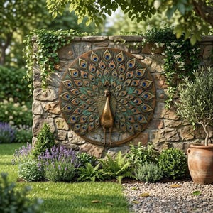May include: A circular wall plaque featuring a bronze-toned peacock with an expansive, fanned tail. The peacock feathers are detailed with intricate patterns and accented with small, vibrant blue circular inlays throughout the design.