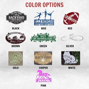 May include: A range of metal signs in colours such as black, blue, red, brown, green, silver, gold, copper, white, and pink. The signs display text and designs, including family names, a football, and a horse.