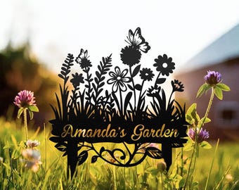 Yard Sign, Mom's Metal Garden Sign, Custom Garden Sign with Stake, Flower Design Personalized Garden Sign, Gardener Name Sign, Porch Decor