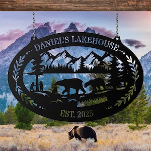 Custom Bear Cabin Metal Sign, Mountain Scene Family Name Plaque, Personalized Lake House Outdoor Decor, Rustic Lodge or Hunting Cabin Gift