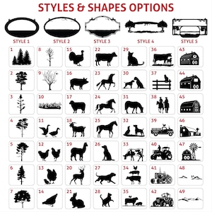 May include: A selection of black metal sign designs, showcasing diverse shapes and styles. The options include trees, animals, and farm scenes, ideal for custom home decoration.