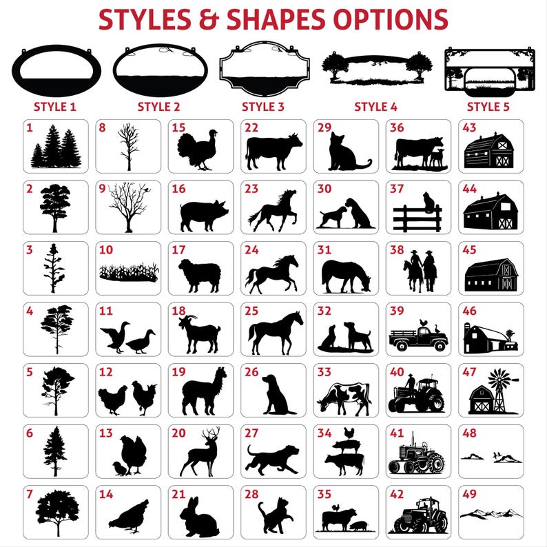 May include: A selection of black metal sign designs, showcasing diverse shapes and styles. The options include trees, animals, and farm scenes, ideal for custom home decoration.