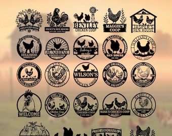 May include: A selection of up to 24 metal chicken coop designs. Each design features a silhouette of a rooster, hen, or chickens, with text such as "Amelia's Hen House" and "The Coop". The designs are in black.
