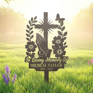 Personalized Cross With Praying Hand Memorial Metal, Floral Cross Memorial Plaque with Stake, Sympathy Sign, Grave Marker, Remembrance Stake