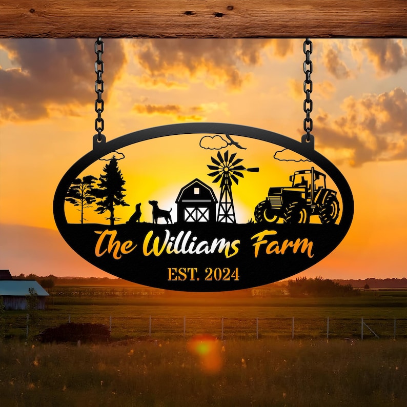May include: Black metal farm sign with the text "The Williams Farm" and "EST. 2024". The sign features a farm scene with a barn, windmill, tractor, trees, and dogs, hanging from chains against a sunset.