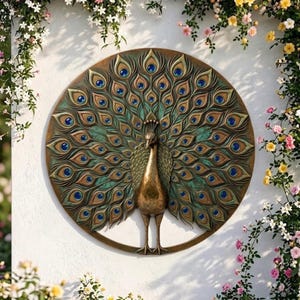 Peacock Metal Wall Art, Round Bronze Peacock Wall Decor, Large Metal Bird Sculpture, Garden Wall Hanging, Elegant Home Art, Outdoor Decor image 1