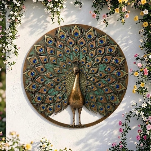 Peacock Metal Wall Art, Round Bronze Peacock Wall Decor, Large Metal Bird Sculpture, Garden Wall Hanging, Elegant Home Art, Outdoor Decor
