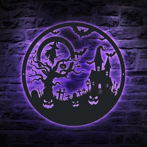 Haunted House Metal Wall Art with LED Lights – Spooky Halloween Witch House Sign, Scary Halloween Decor for Living Room & Home