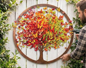 Custom Butterfly Tree of Life Metal Sign, Colorful Outdoor Garden Fence Decor, Unique Anniversary Gift, Butterfly Wall Art Personalized