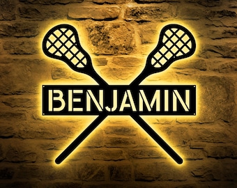 LED Lacrosse Metal Wall Sign, Personalized Name with Crossed Sticks, Sports Decor & Gift for Lacrosse Players, Boys Room Gift