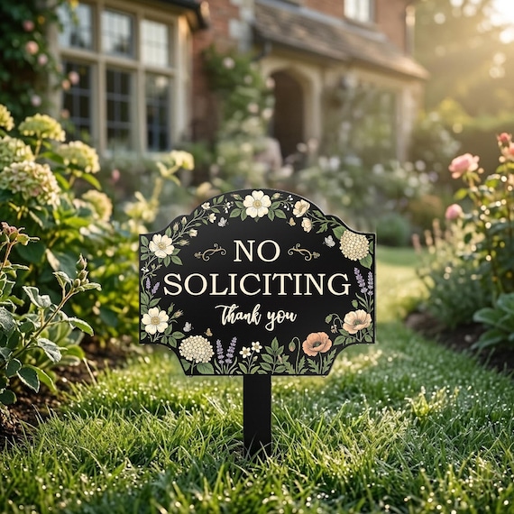 No Soliciting Metal Yard Sign, Floral Garden Warning Sign, Polite No Soliciting Sign, Outdoor Lawn Decor, Front Yard Sign Gift