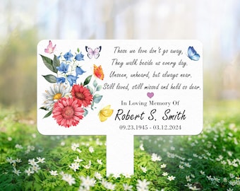May include: A white memorial garden sign with a floral design and butterflies. The sign reads "Those we love don't go away, They walk beside us every day. Unseen, unheard, but always near. Still loved, still missed and held so dear. In Loving Memory Of Robert S. Smith 09.23.1945 - 03.12.2024"