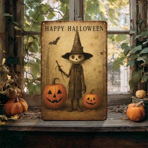 Primitive Halloween Metal Sign, Rustic Antique Porch Decor, Outdoor Cottagecore Decoration, Cute Creepy Witch with Pumpkins
