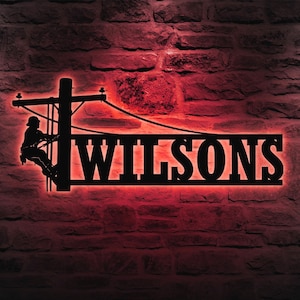 Personalized Lineman Metal Wall Art With LED Light, Custom Lineman Name Sign, Christmas Gift For Dad, Flag Electrician Home Decor