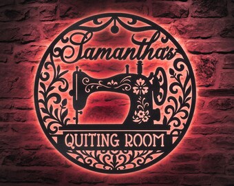 Sewing Machine LED Metal Wall Art – Custom Quilting Room Sign, Personalized Sewing Studio Decor, Gift for Seamstress or Craft Enthusiasts