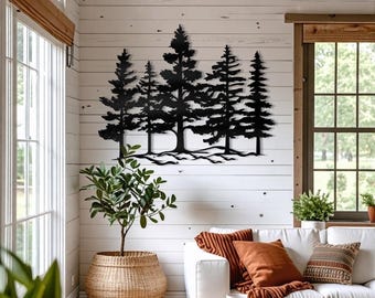 Rustic Pine Tree Metal Wall Art, Forest and Mountain Cabin Decor, Nature Scene Wall Accent, Lodge Artwork, Gift for Outdoor Enthusiasts