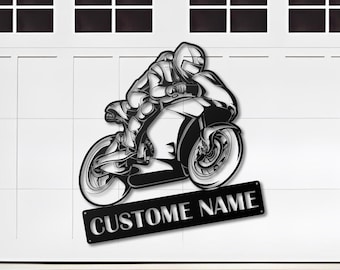 Arte de pared metálico personalizado para exteriores con diseño de motocross, letrero metálico con el nombre del motociclista, regalo para motociclistas, garaje, cueva de hombres.