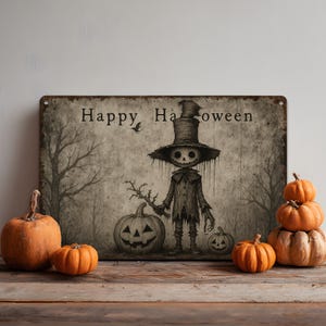 Primitive Halloween Metal Sign, Rustic Antique Porch Decor, Outdoor Cottagecore Decoration, Cute Creepy Witch with Pumpkins