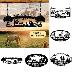 May include: Black metal farm sign with the text "The Anderson Farm" and a silhouette of a farm scene. The sign hangs from chains. Other farm-themed signs are also displayed.