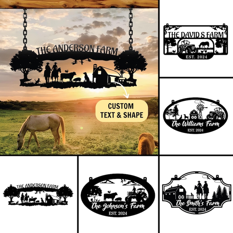 May include: Black metal farm sign with the text "The Anderson Farm" and a silhouette of a farm scene. The sign hangs from chains. Other farm-themed signs are also displayed.
