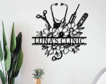 Arte de pared médico floral personalizado, letrero personalizado con nombre de enfermera y médico con diseño de estetoscopio, decoración clínica para oficina, regalo para estudiantes de medicina