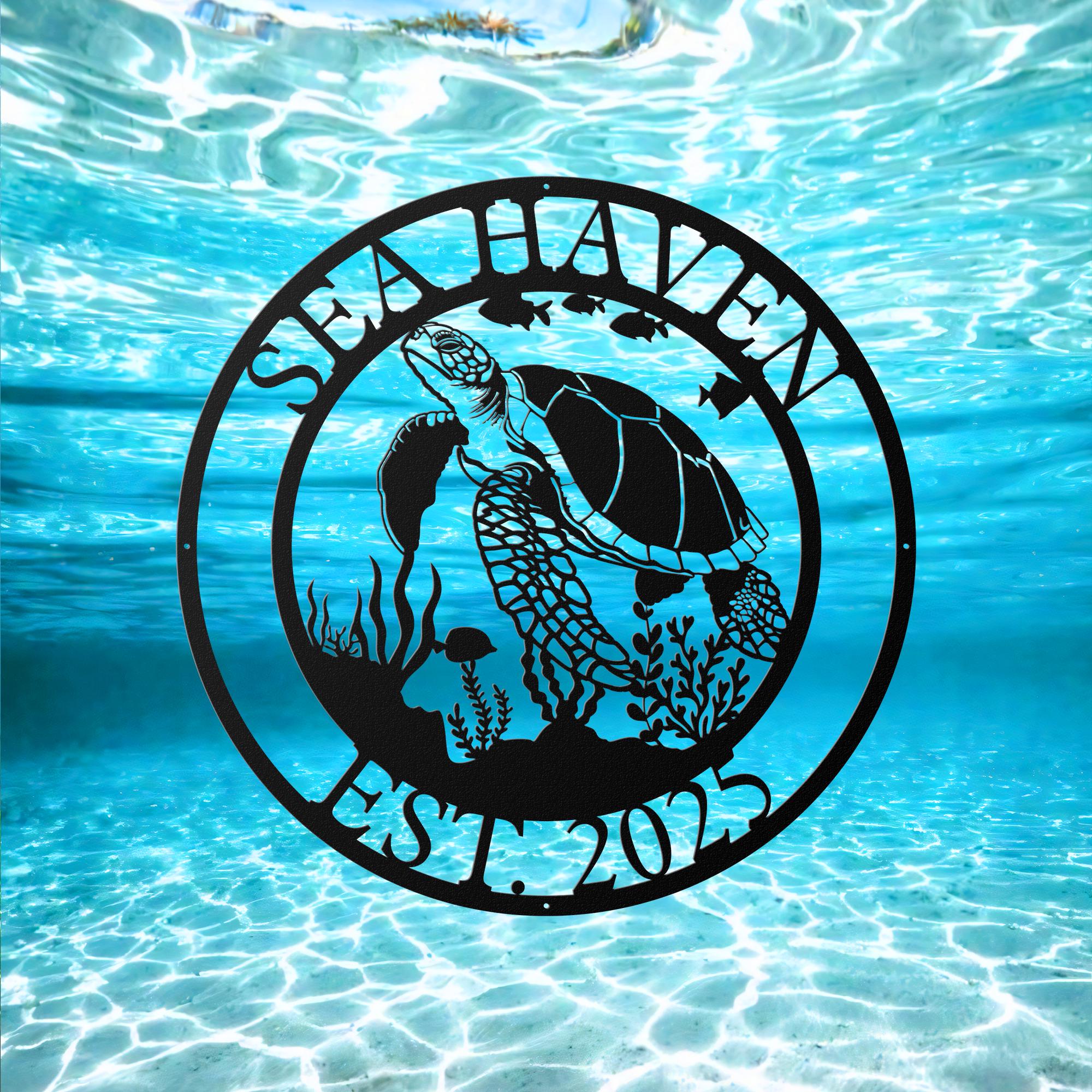 Turtle Name Sign – Sea Turtle Metal Sign, Personalized Beach House Decor, Ocean Wall Art, Coastal Turtle Sign for Home or Vacation Rental