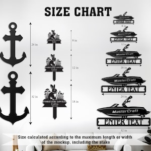 May include: Black metal wall art pieces, including anchors, rabbit garden stakes, and boat designs. The anchor is 61 cm and 81 cm tall. The rabbit stakes are 20, 30, and 46 cm tall. The boat designs are 20, 30, 46, 61, and 81 cm wide.