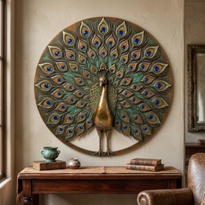 May include: A circular wall plaque featuring a three-dimensional bronze-toned peacock with an expansive, fanned tail. The feathers are detailed with teal and gold accents and inlaid with small, circular blue glass elements throughout the design.