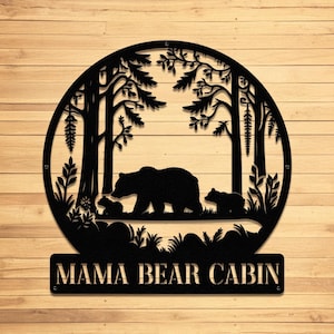 Custom Bear Cabin Metals Sign, Rustic Metal Wall Art with Bear Family, Personalized Lodge Decor, Woodland Gift for Home, Cabin or Lake House