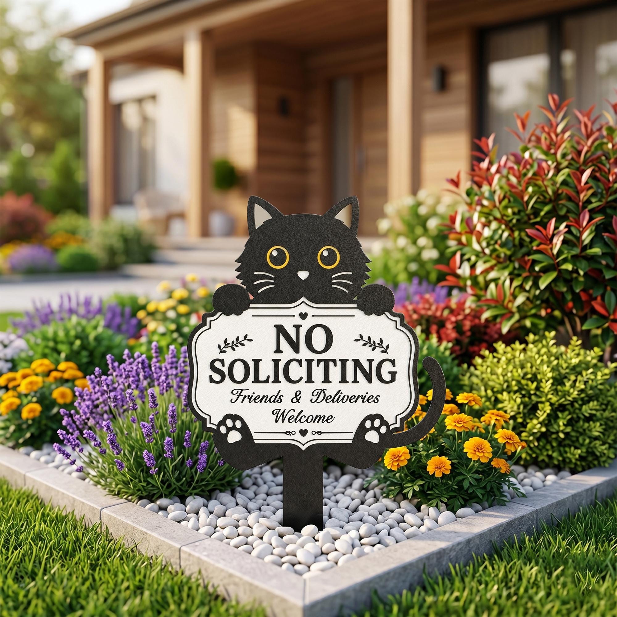 Funny Black Cat No Soliciting Sign, Metal Garden Stake for Cat