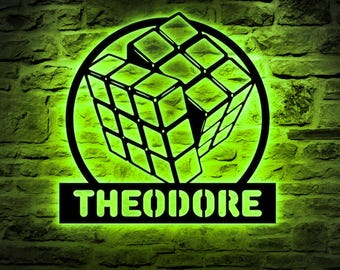 Custom Rubik's Cube Metal Wall Art LED Light, Personalized Rubiks Cube Name Sign, Home Decor Puzzle Cube, Game Room Decor, Gamer Xmas Gift