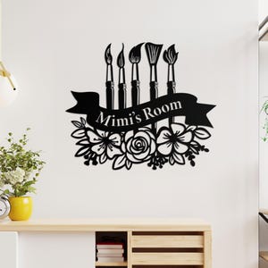 Letrero de estudio de arte personalizado, arte de pared de metal con pintura personalizada, letrero con nombre de artista, regalo para maestro, letrero de metal con herramientas de artista, regalo para amantes del dibujo