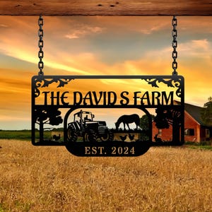 May include: Black metal farm sign with the text "THE DAVIDS FARM" and "EST. 2024". The sign features a tractor, horse, chickens, and a rabbit silhouette. The sign is suspended by chains against a sunset backdrop.