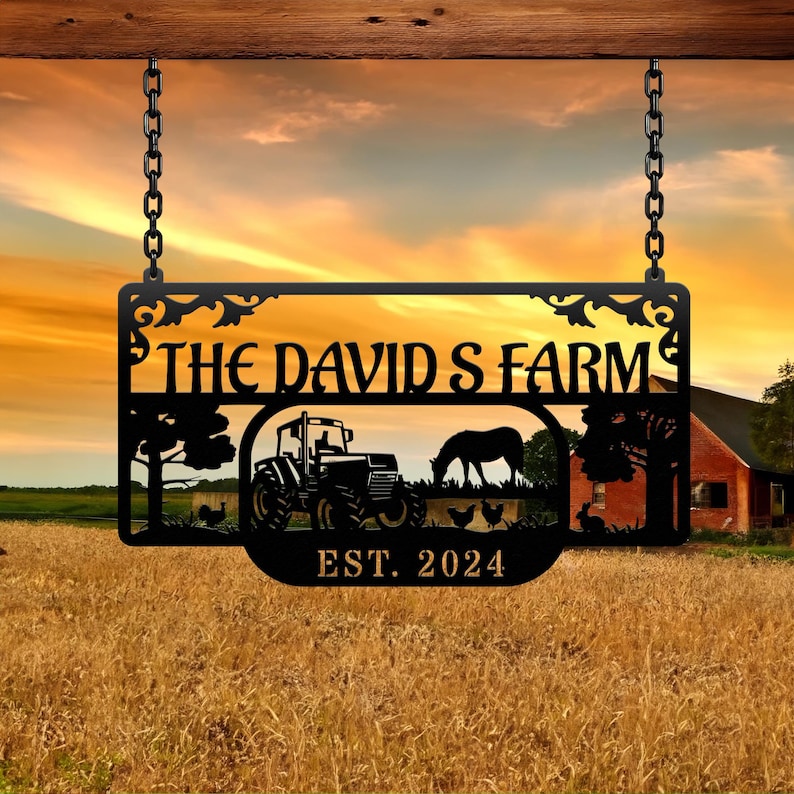 May include: Black metal farm sign with the text "THE DAVIDS FARM" and "EST. 2024". The sign features a tractor, horse, chickens, and a rabbit silhouette. The sign is suspended by chains against a sunset backdrop.