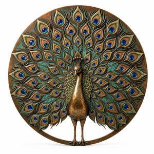 May include: A circular bronze-toned wall plaque featuring a relief sculpture of a peacock with its tail feathers fanned out. The design incorporates oxidized green accents and inlaid deep blue circular details within each feather eye pattern.