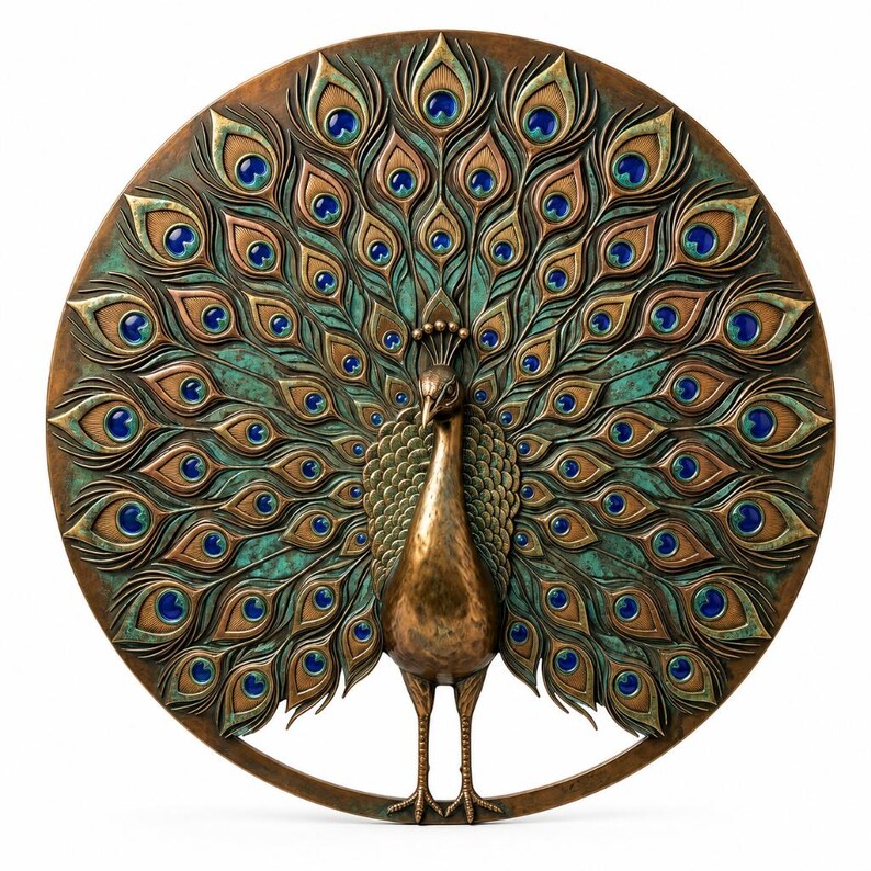 May include: A circular bronze-toned wall plaque featuring a relief sculpture of a peacock with its tail feathers fanned out. The design incorporates oxidized green accents and inlaid deep blue circular details within each feather eye pattern.