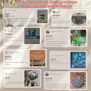 May include: A collage of customer reviews featuring various custom metal signs, including hockey player silhouettes, pet memorials, and family name plaques, with text overlays stating 4.9 rating from 500+ happy customers and perfect gift loved by hundreds.