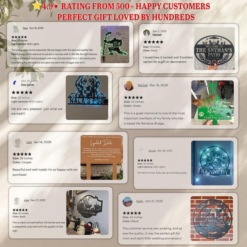 May include: A collage of customer reviews featuring various custom metal signs, including hockey player silhouettes, pet memorials, and family name plaques, with text overlays stating 4.9 rating from 500+ happy customers and perfect gift loved by hundreds.