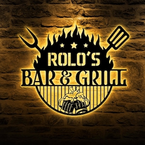 Custom Beer Bar and Grill Metal Wall Art LED Light Personalized Backyard BBQ Name Sign Home Decor Barbecue Decoration Patio Housewarming