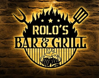 Custom Beer Bar and Grill Metal Wall Art LED Light Personalized Backyard BBQ Name Sign Home Decor Barbecue Decoration Patio Housewarming