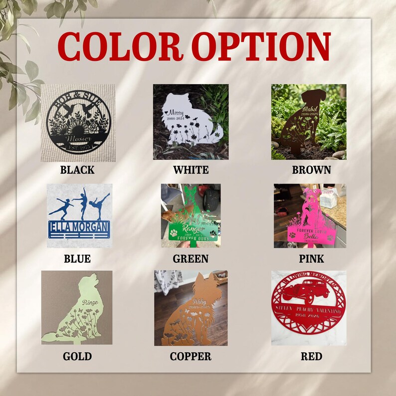 May include: A color option chart displaying nine custom metal signs in black, white, brown, blue, green, pink, gold, copper, and red. Each sign features unique cutouts of animals, vehicles, or figures with personalized names and dates.